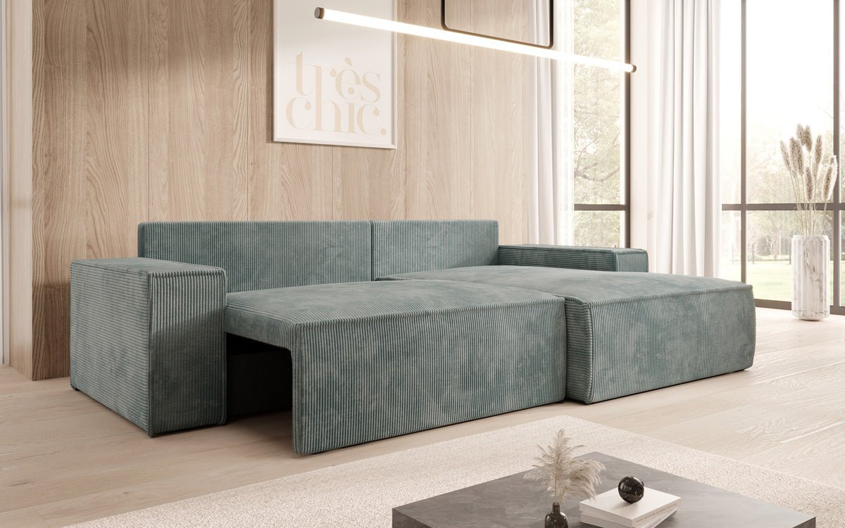 Canapé designer Corino en corduroy avec fonction couchage et rabattable