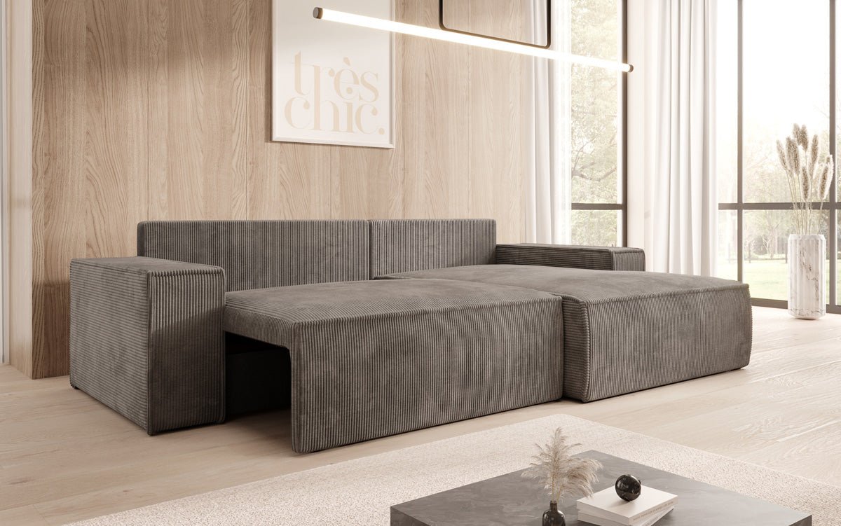 Canapé designer Corino en corduroy avec fonction couchage et rabattable