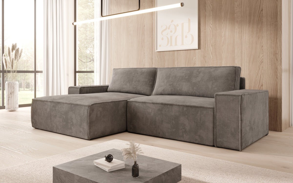 Canapé designer Corino en corduroy avec fonction couchage et rabattable
