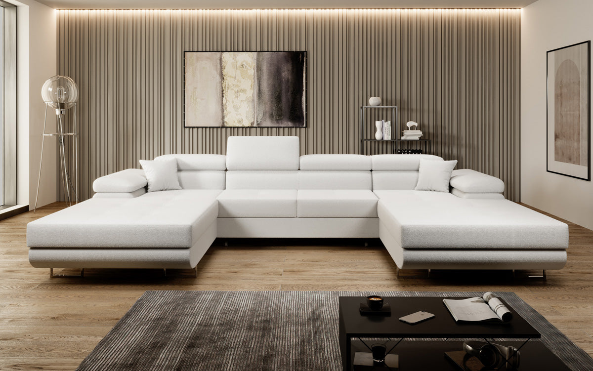 Canapé designer Calvera U avec fonction couchage et rabattable en bouclé