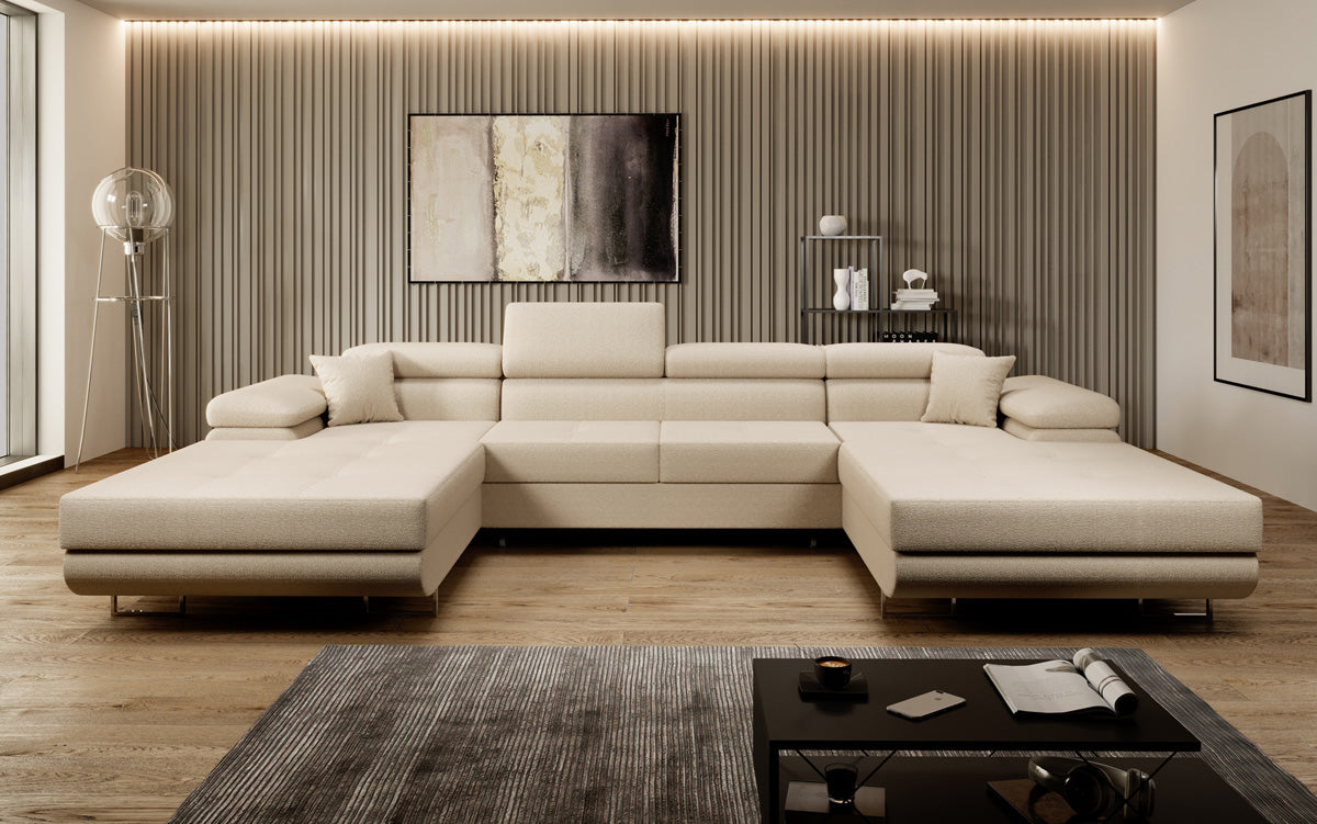 Canapé designer Calvera U avec fonction couchage et rabattable en bouclé