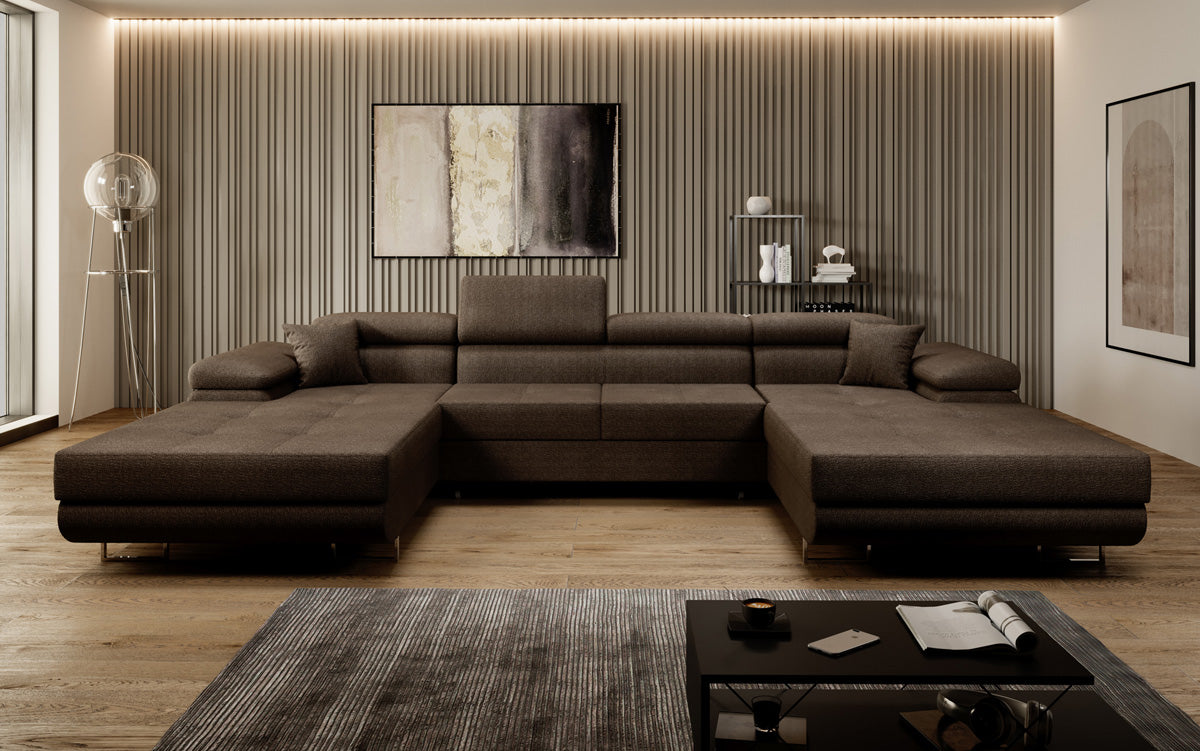 Canapé designer Calvera U avec fonction couchage et rabattable en bouclé
