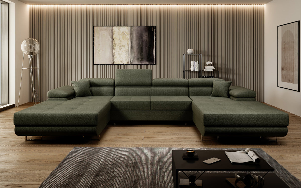Canapé designer Calvera U avec fonction couchage et rabattable en bouclé