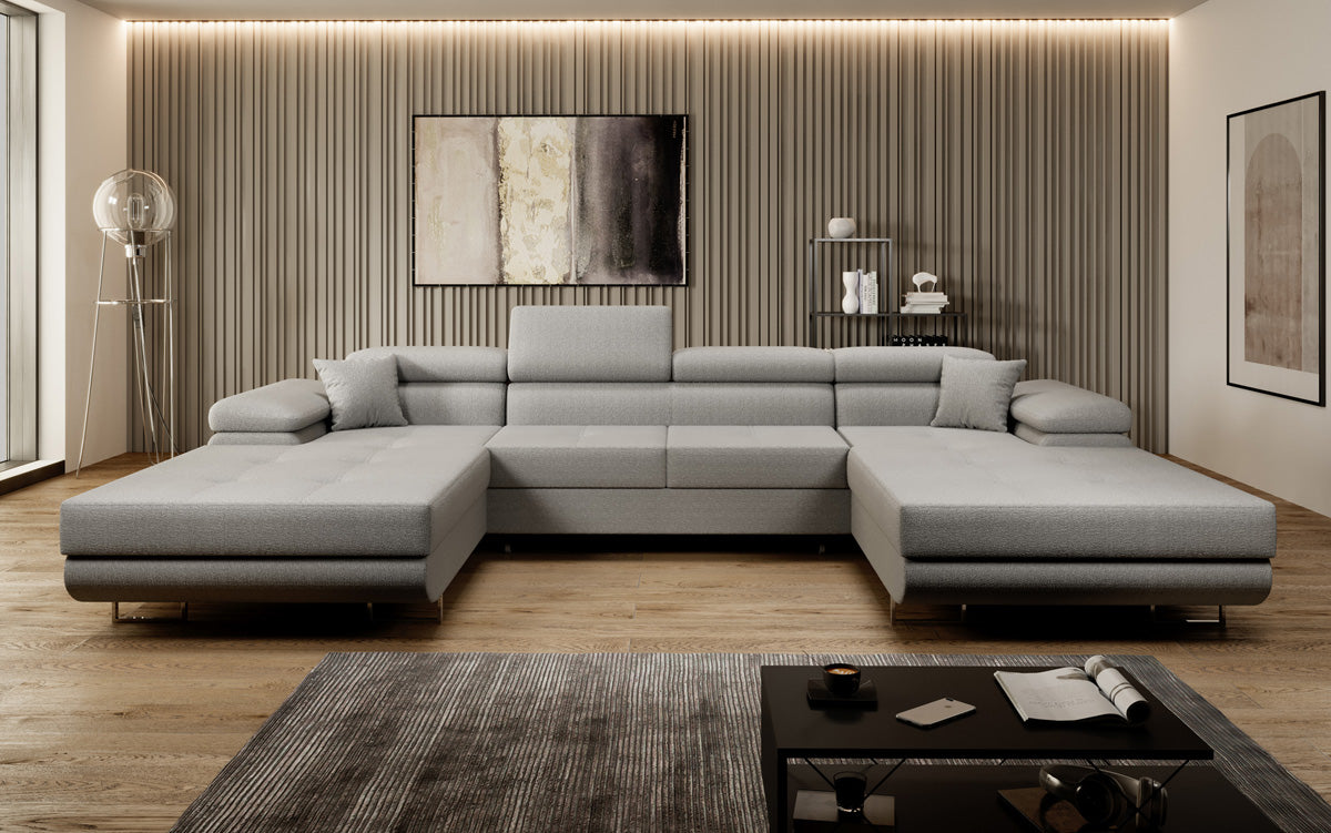 Canapé designer Calvera U avec fonction couchage et rabattable en bouclé