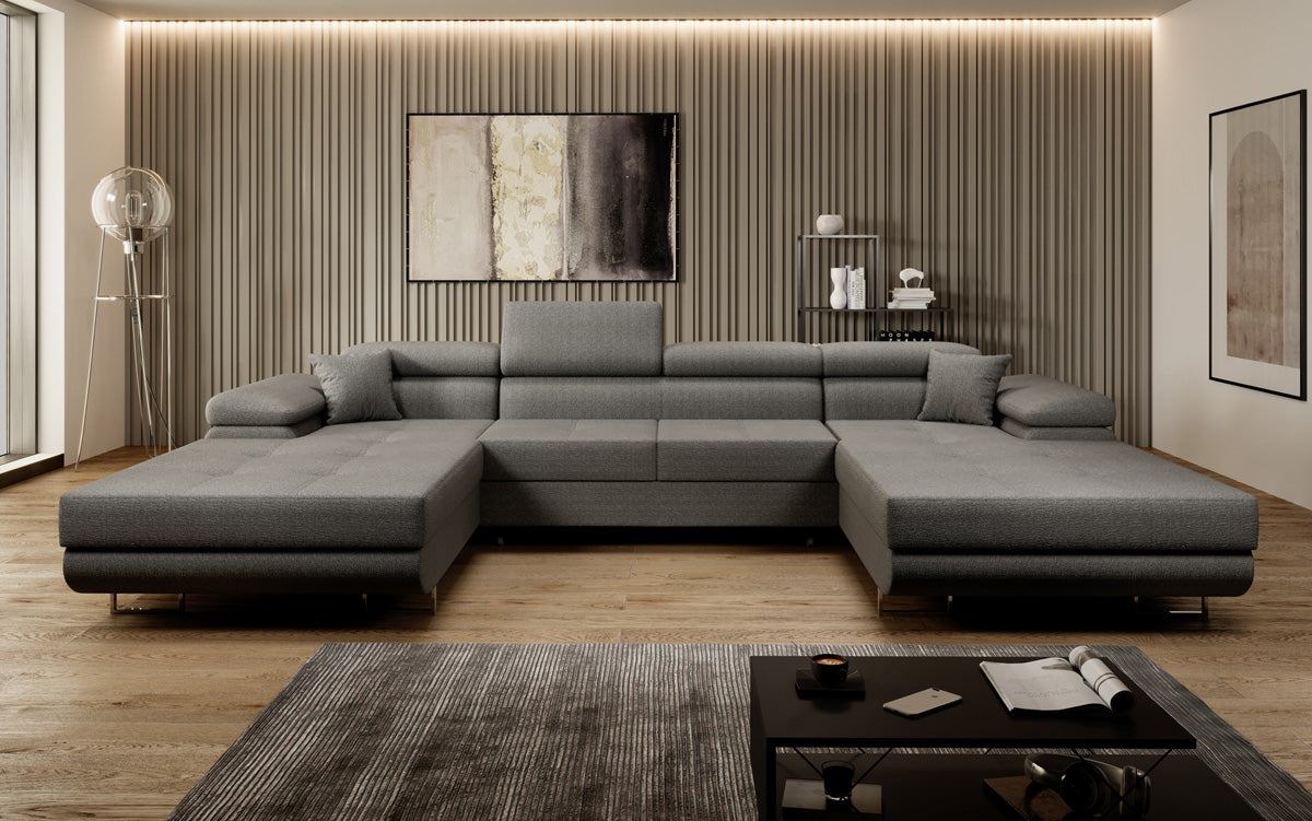 Canapé designer Calvera U avec fonction couchage et rabattable en bouclé