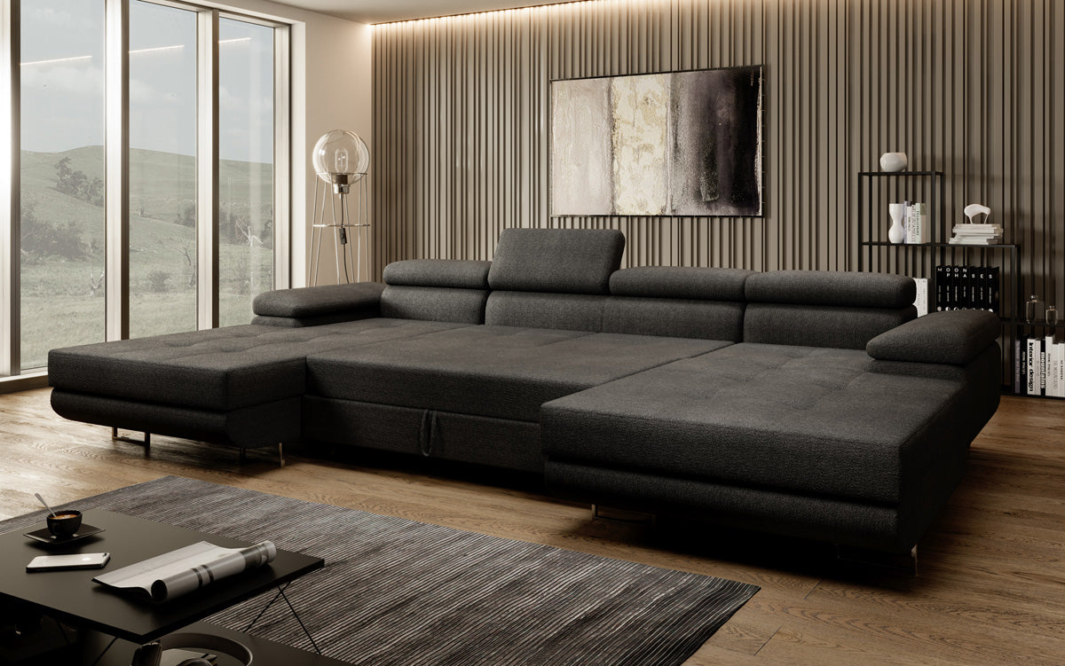 Canapé designer Calvera U avec fonction couchage et rabattable en bouclé