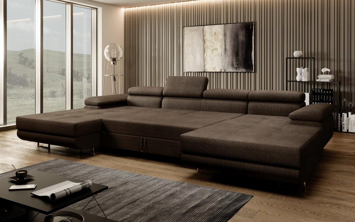 Canapé designer Calvera U avec fonction couchage et rabattable en bouclé