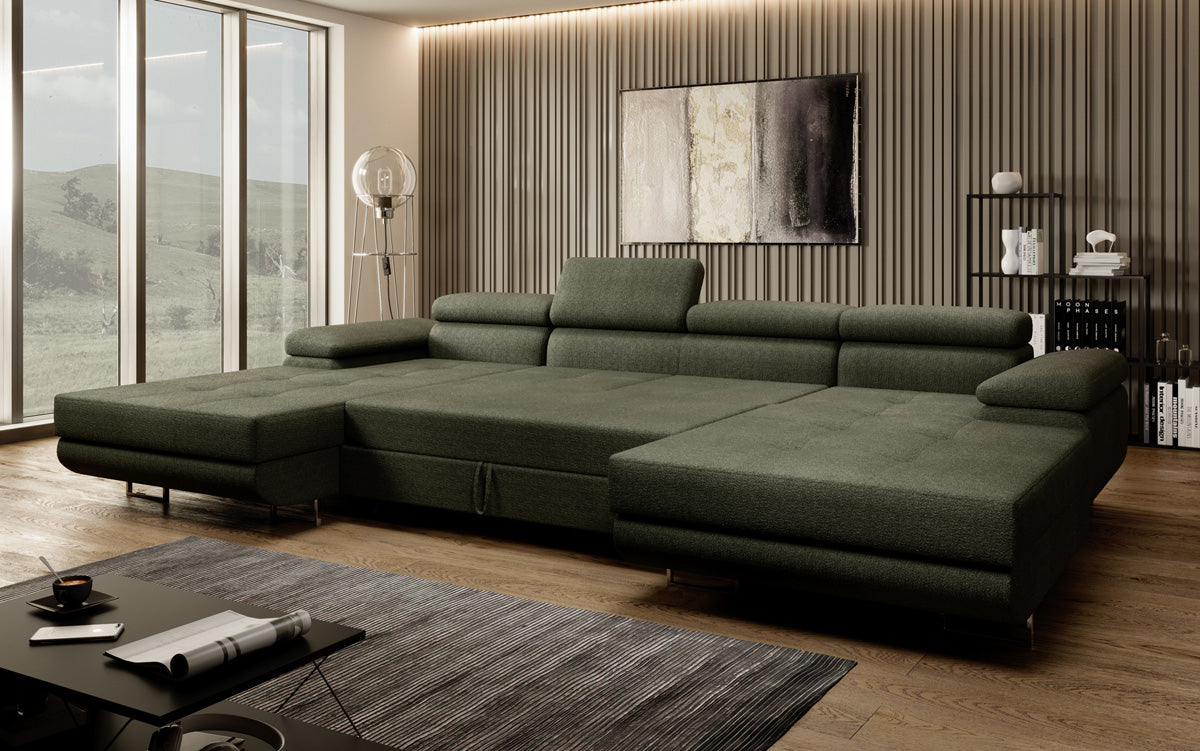 Canapé designer Calvera U avec fonction couchage et rabattable en bouclé