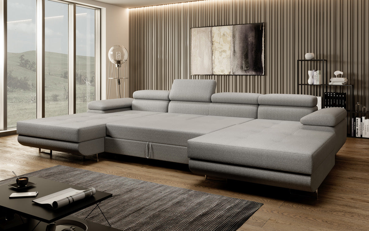 Canapé designer Calvera U avec fonction couchage et rabattable en bouclé
