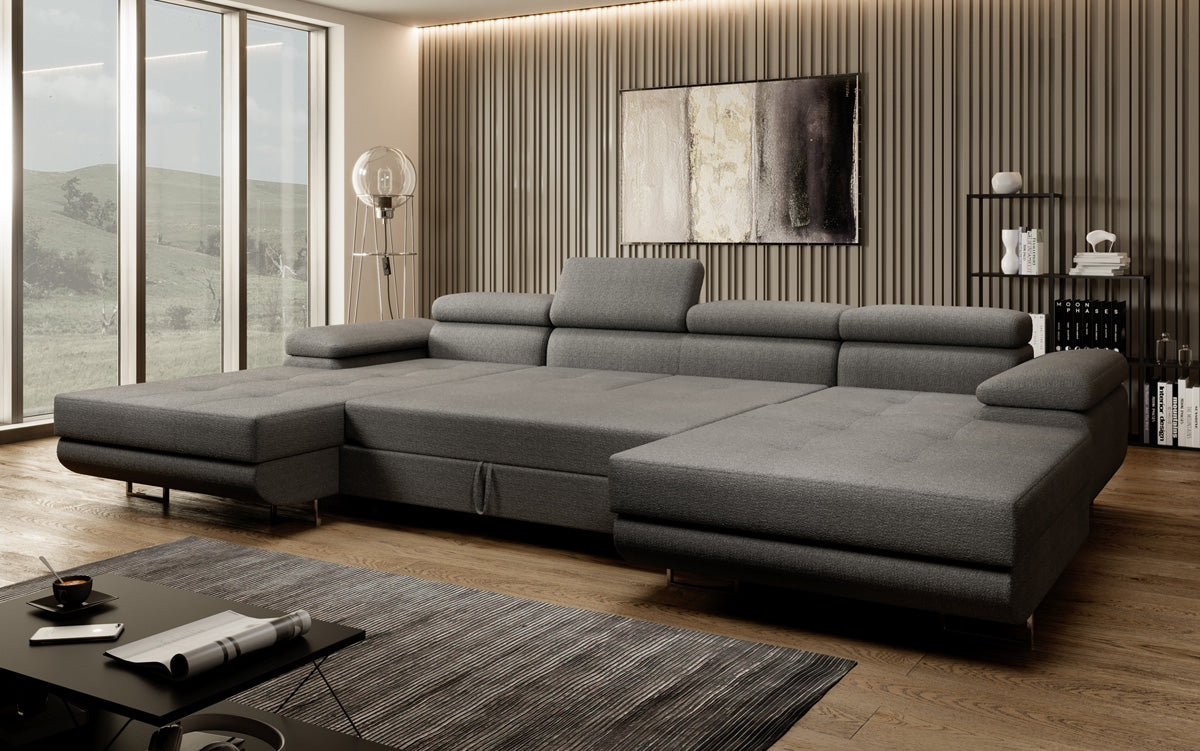 Canapé designer Calvera U avec fonction couchage et rabattable en bouclé
