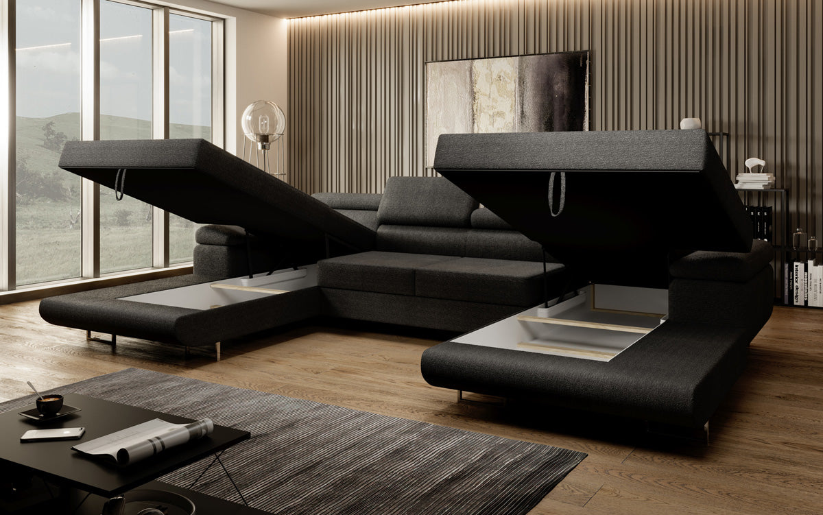 Canapé designer Calvera U avec fonction couchage et rabattable en bouclé