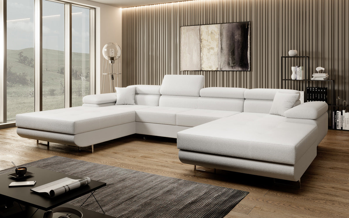 Canapé designer Calvera U avec fonction couchage et rabattable en bouclé
