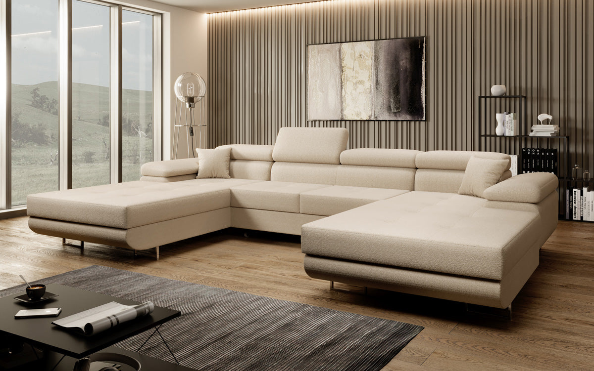 Canapé designer Calvera U avec fonction couchage et rabattable en bouclé
