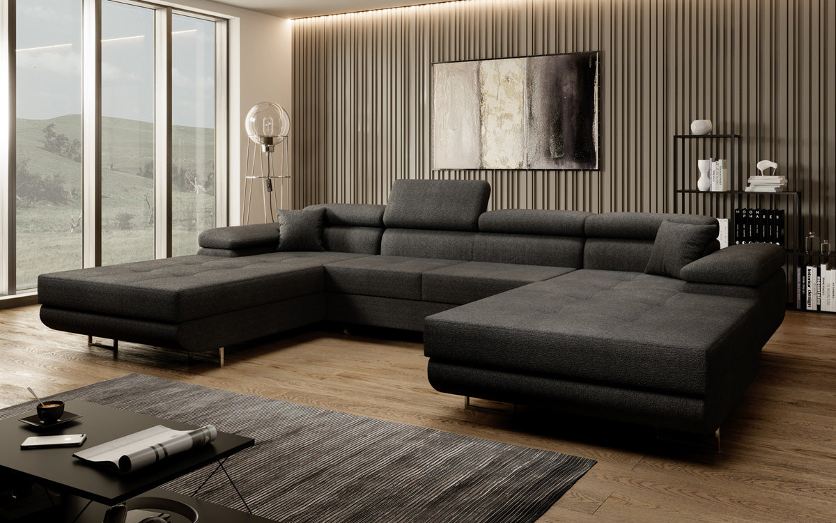 Canapé designer Calvera U avec fonction couchage et rabattable en bouclé
