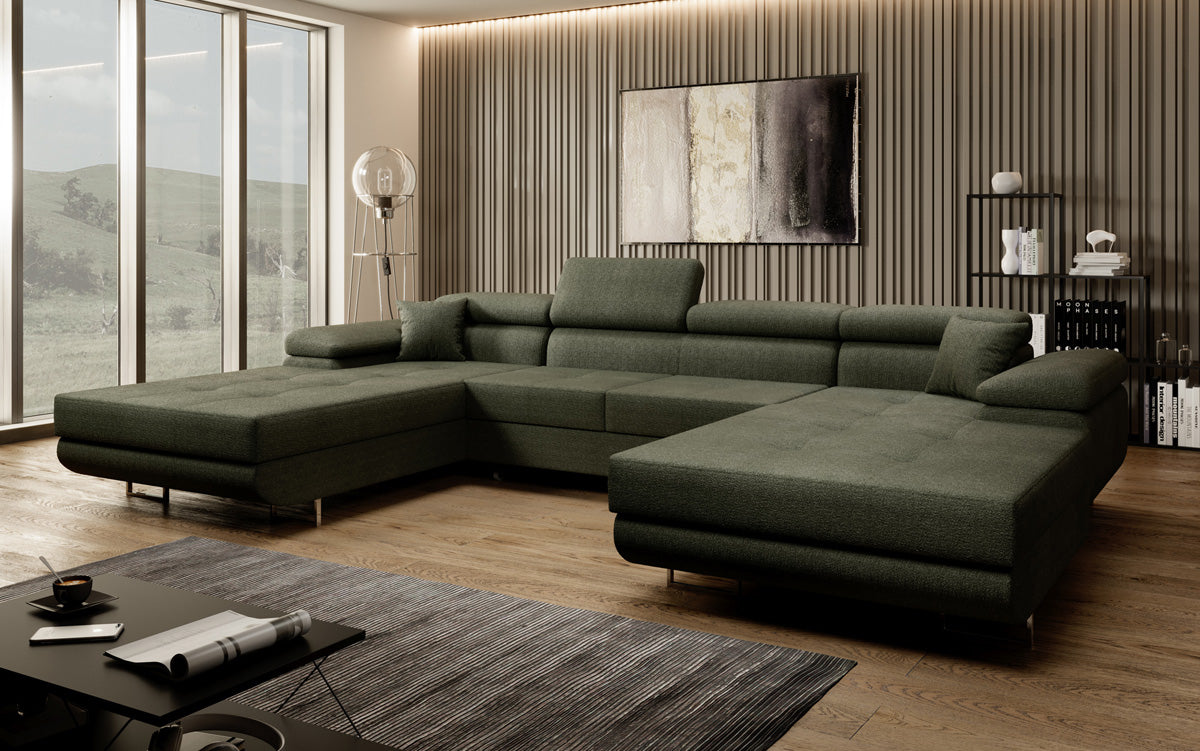 Canapé designer Calvera U avec fonction couchage et rabattable en bouclé