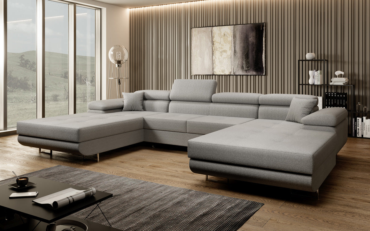 Canapé designer Calvera U avec fonction couchage et rabattable en bouclé
