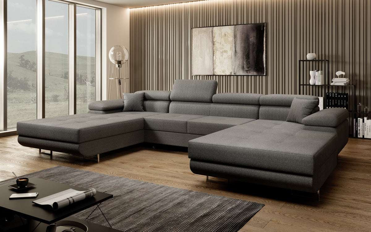 Canapé designer Calvera U avec fonction couchage et rabattable en bouclé