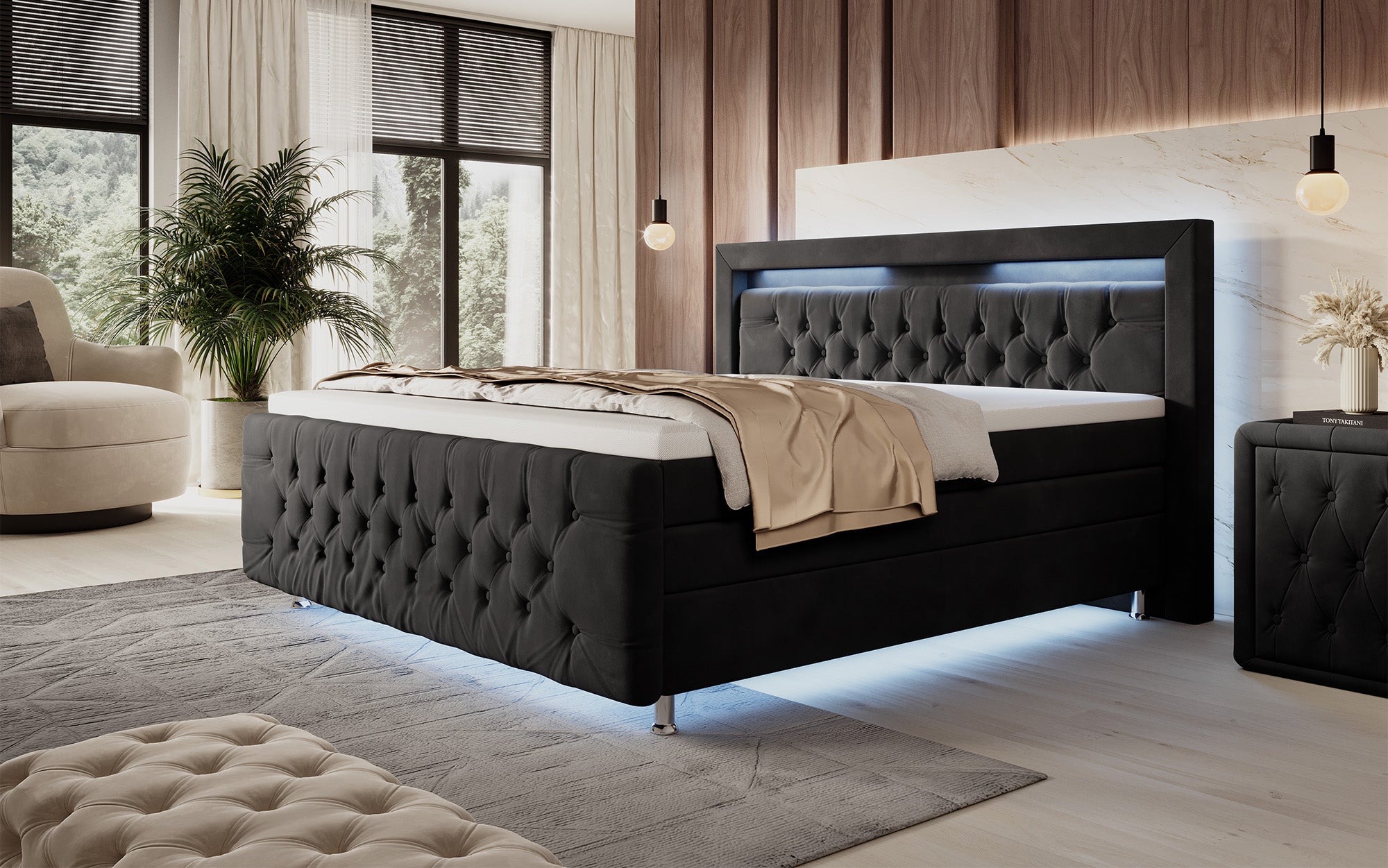 Lorena boxspringbed met LED en opbergruimte