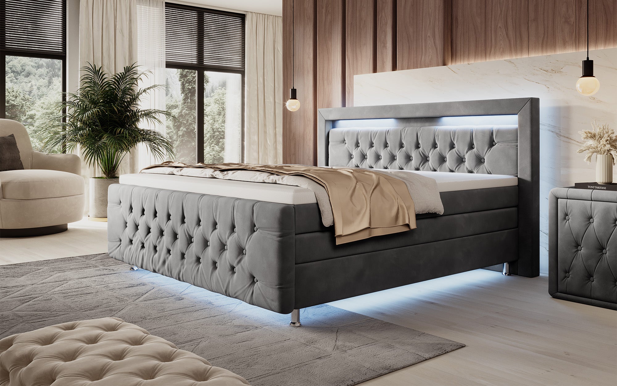 Lorena boxspringbed met LED en opbergruimte