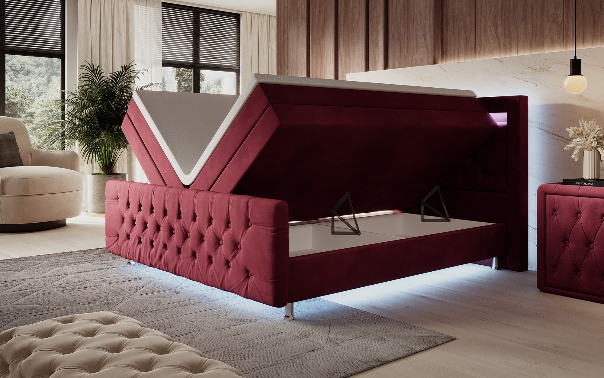 Lorena boxspringbed met LED en opbergruimte