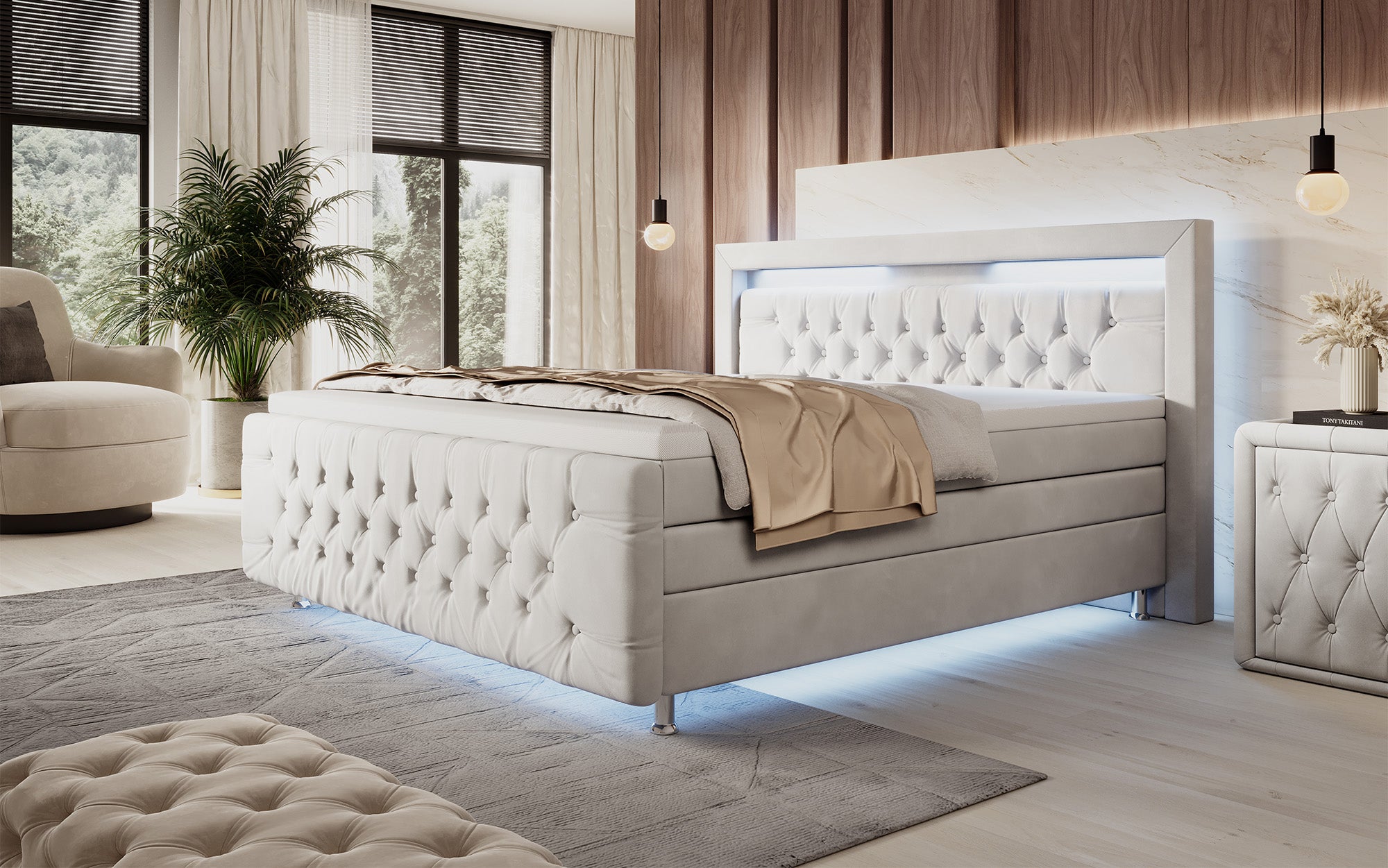 Lorena boxspringbed met LED en opbergruimte