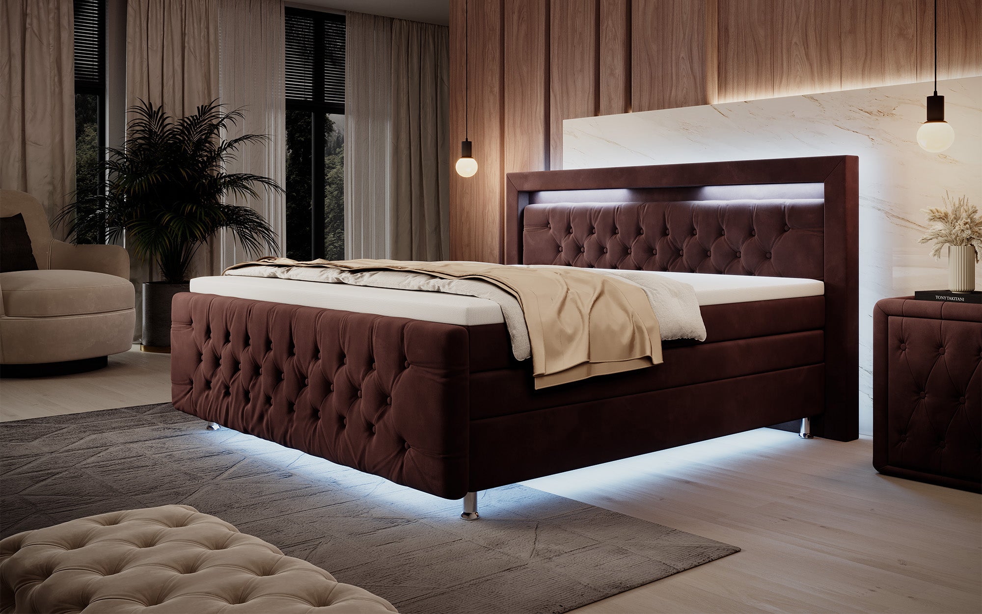 Lorena boxspringbed met LED en opbergruimte