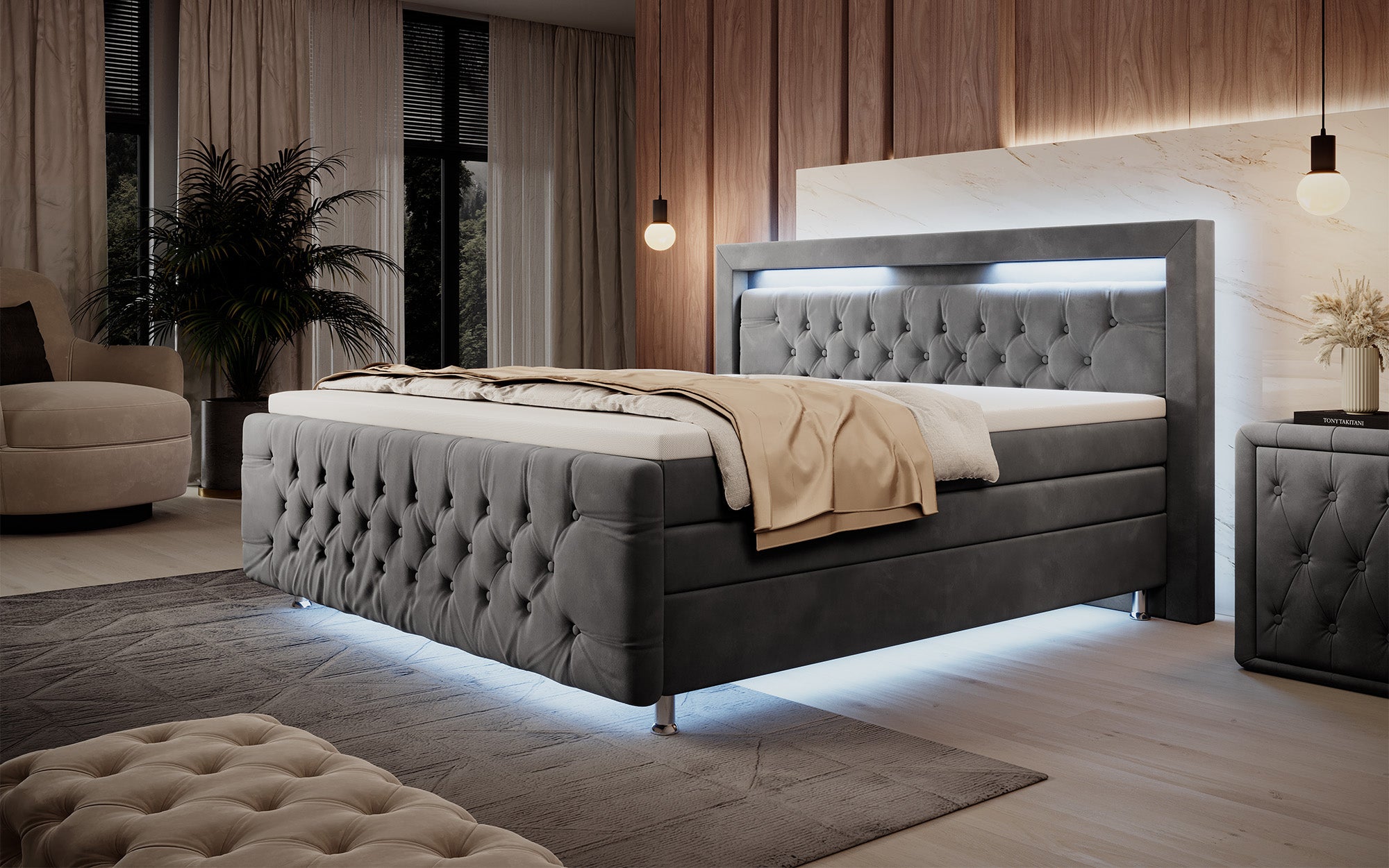 Lorena boxspringbed met LED en opbergruimte