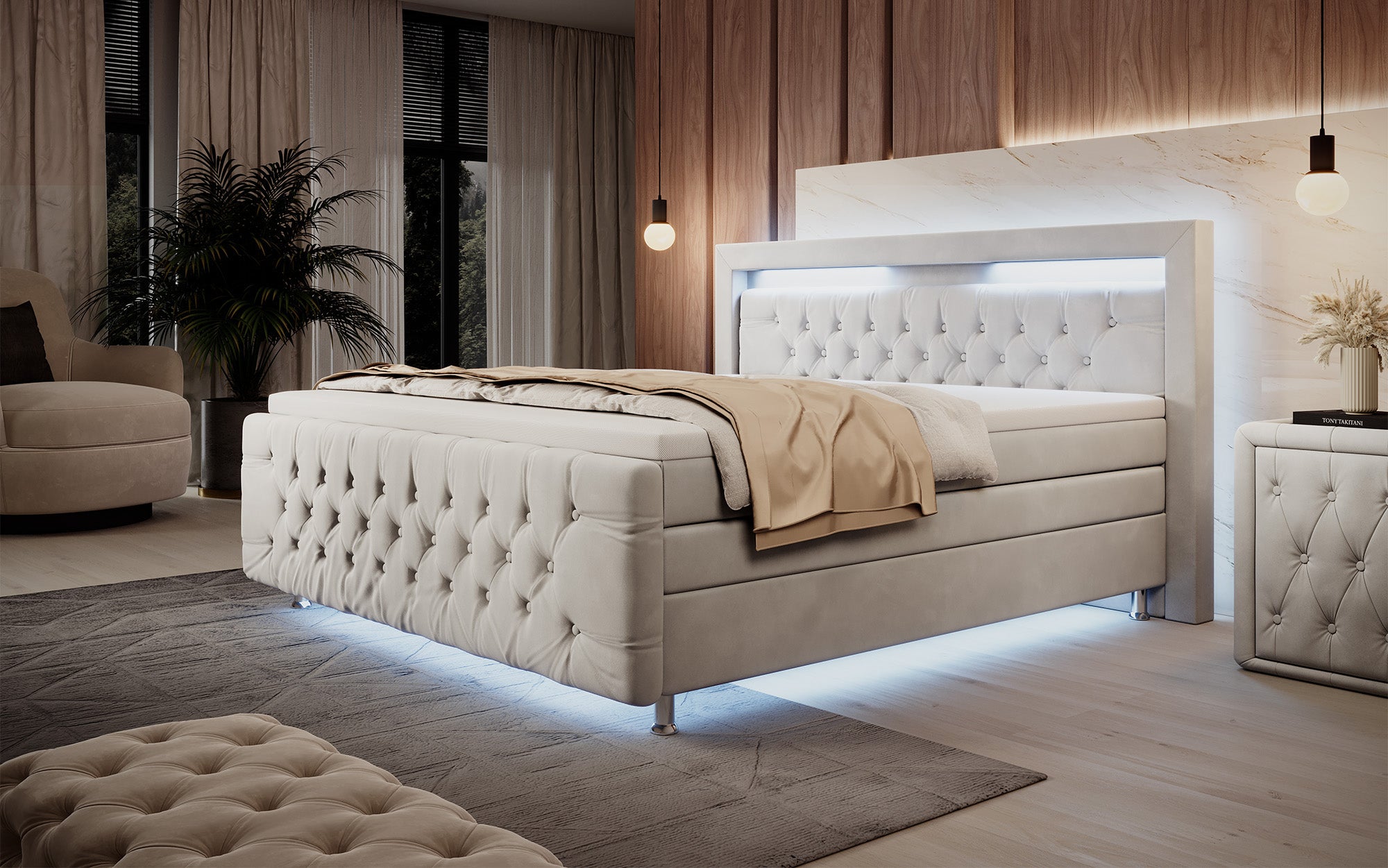 Lorena boxspringbed met LED en opbergruimte