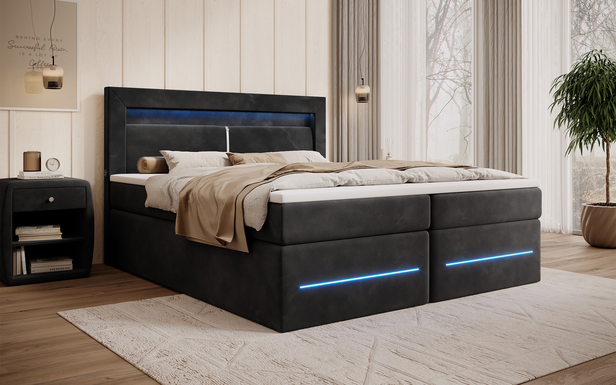 Minera boxspringbed met LED, USB en opbergruimte