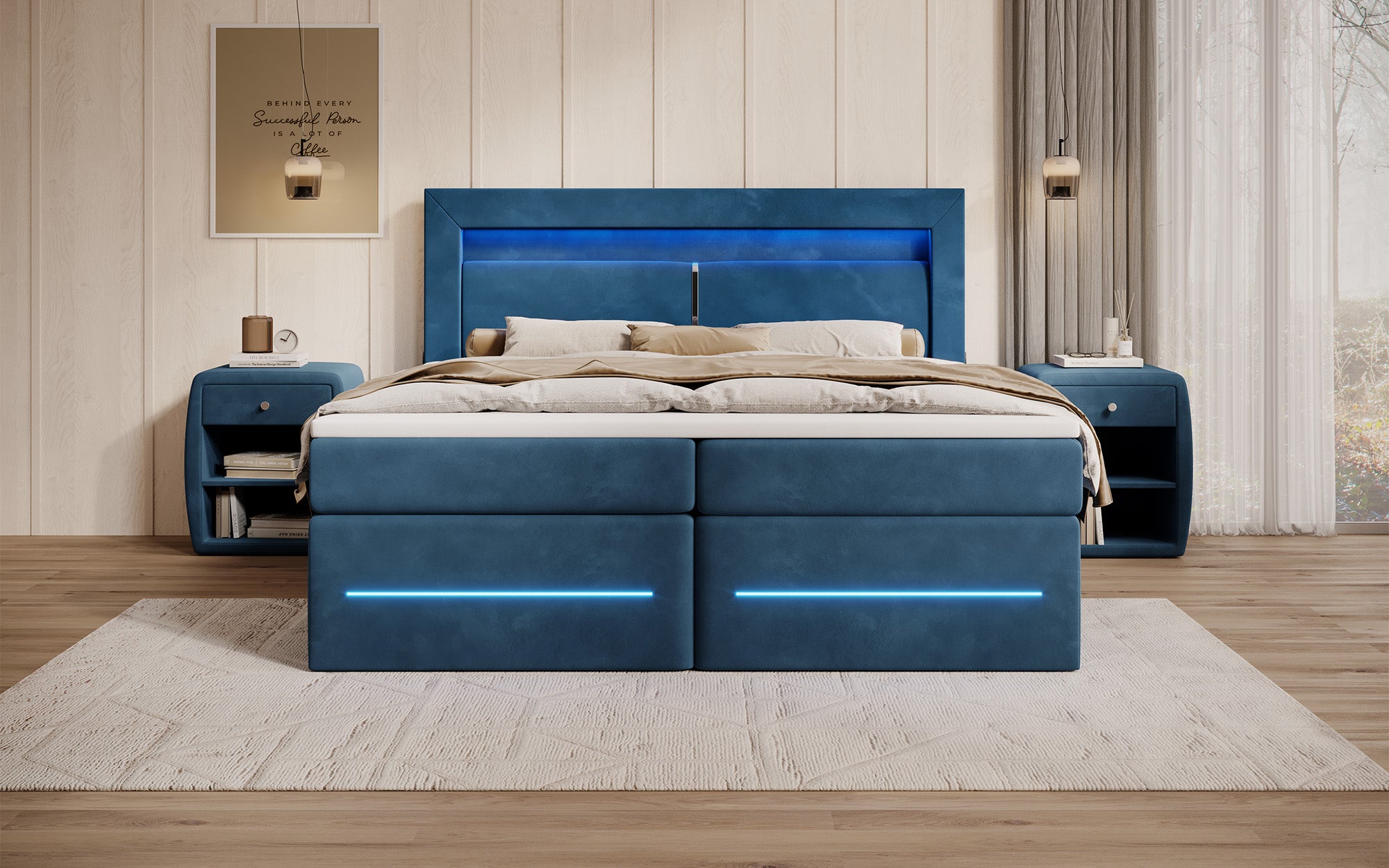 Minera boxspringbed met LED, USB en opbergruimte