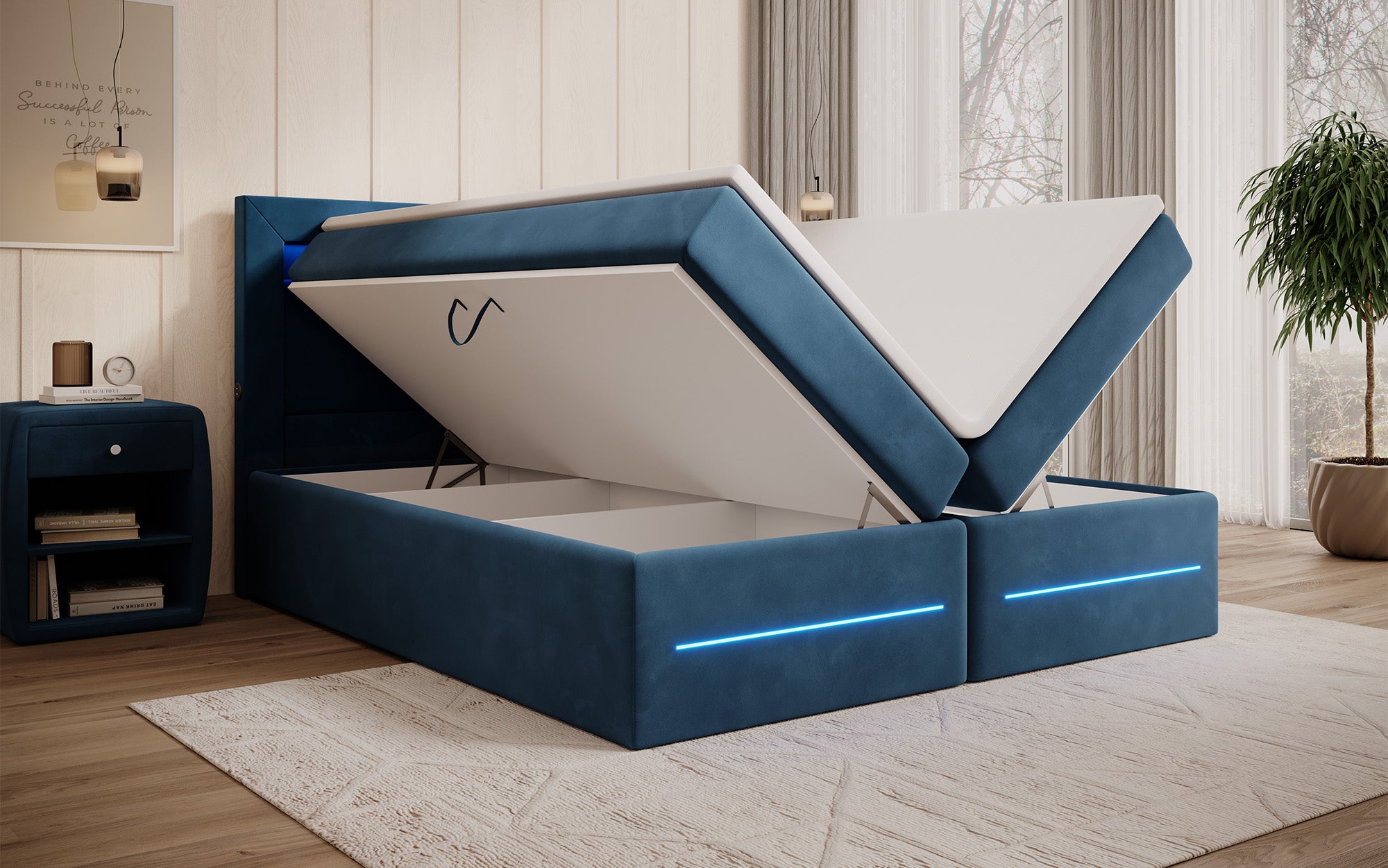 Minera boxspringbed met LED, USB en opbergruimte