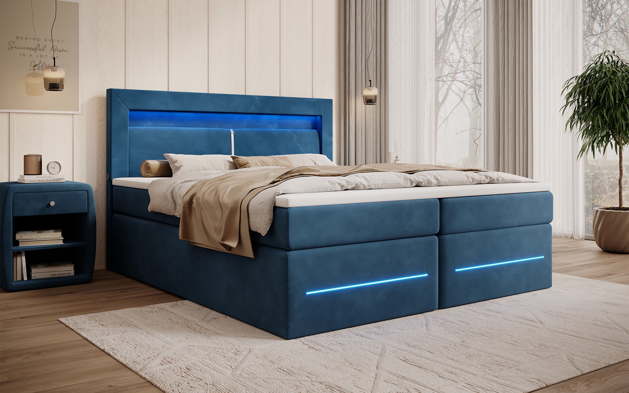 Minera boxspringbed met LED, USB en opbergruimte