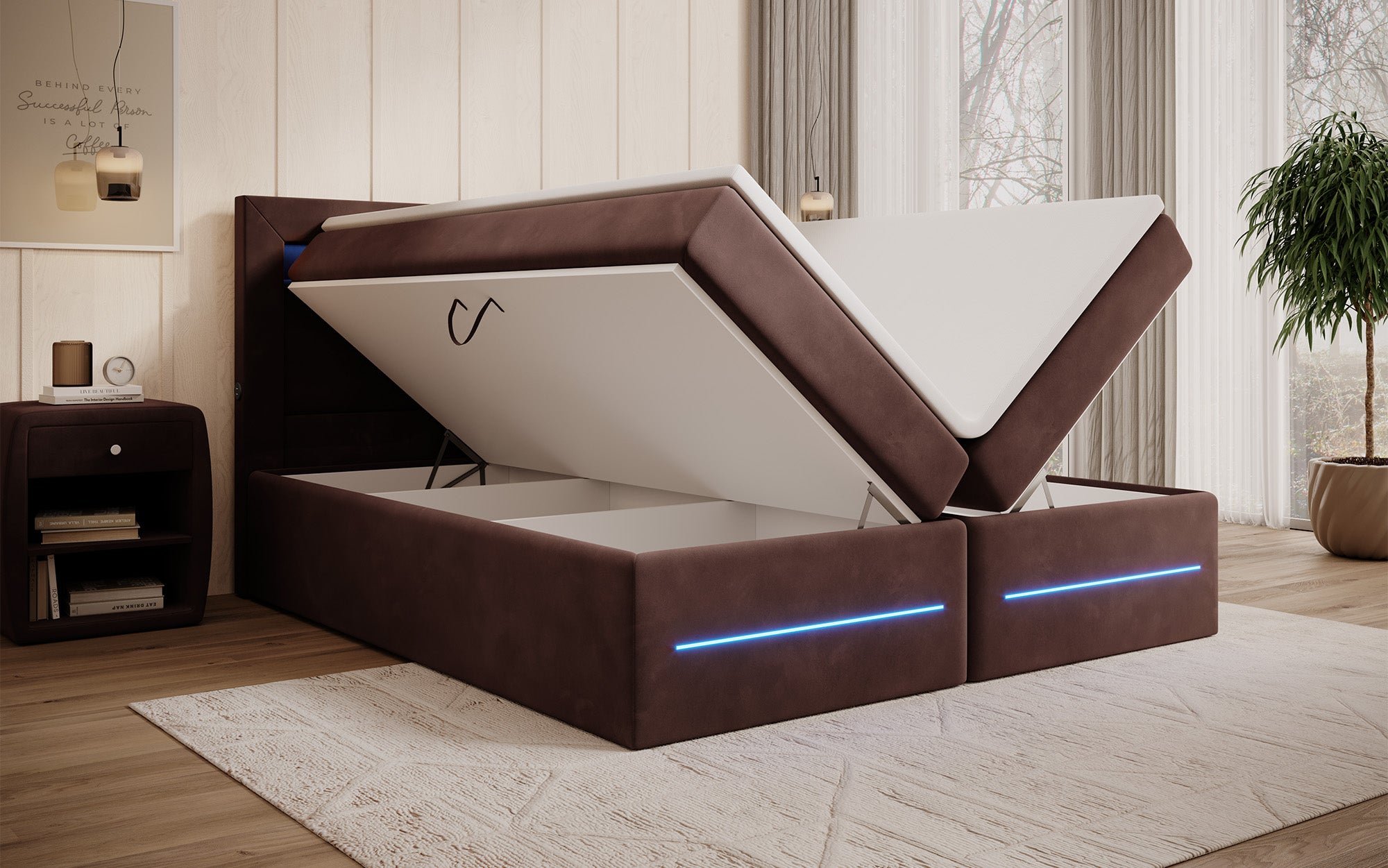 Minera boxspringbed met LED, USB en opbergruimte