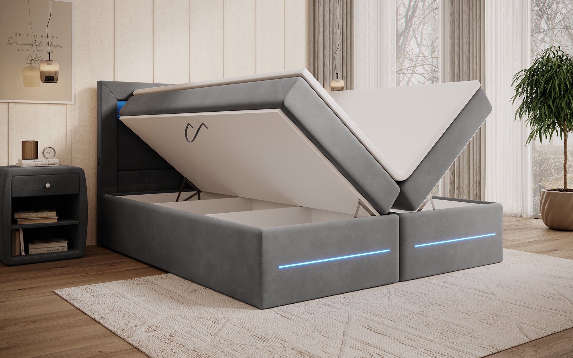 Minera boxspringbed met LED, USB en opbergruimte