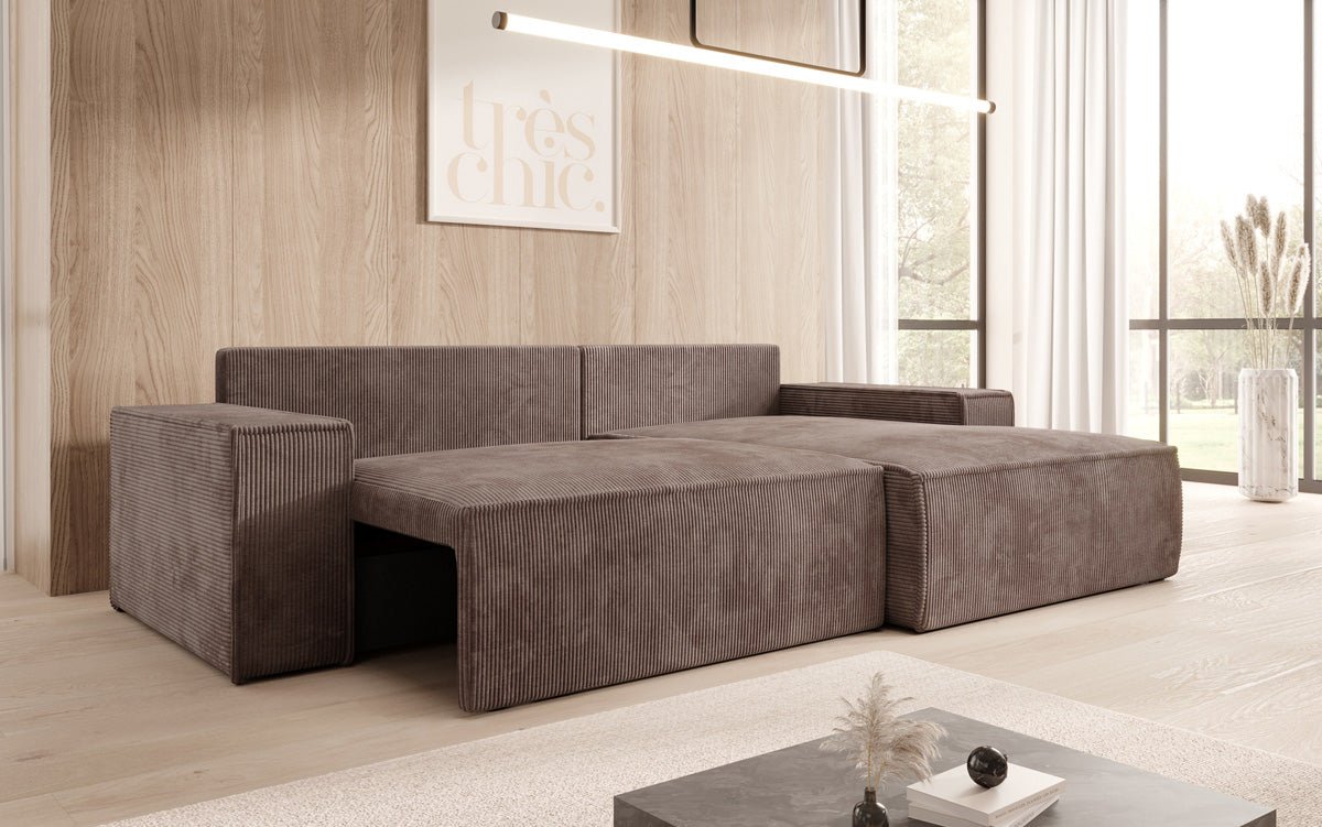 Canapé designer Corino en corduroy avec fonction couchage et rabattable