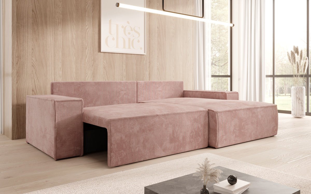 Canapé designer Corino en corduroy avec fonction couchage et rabattable
