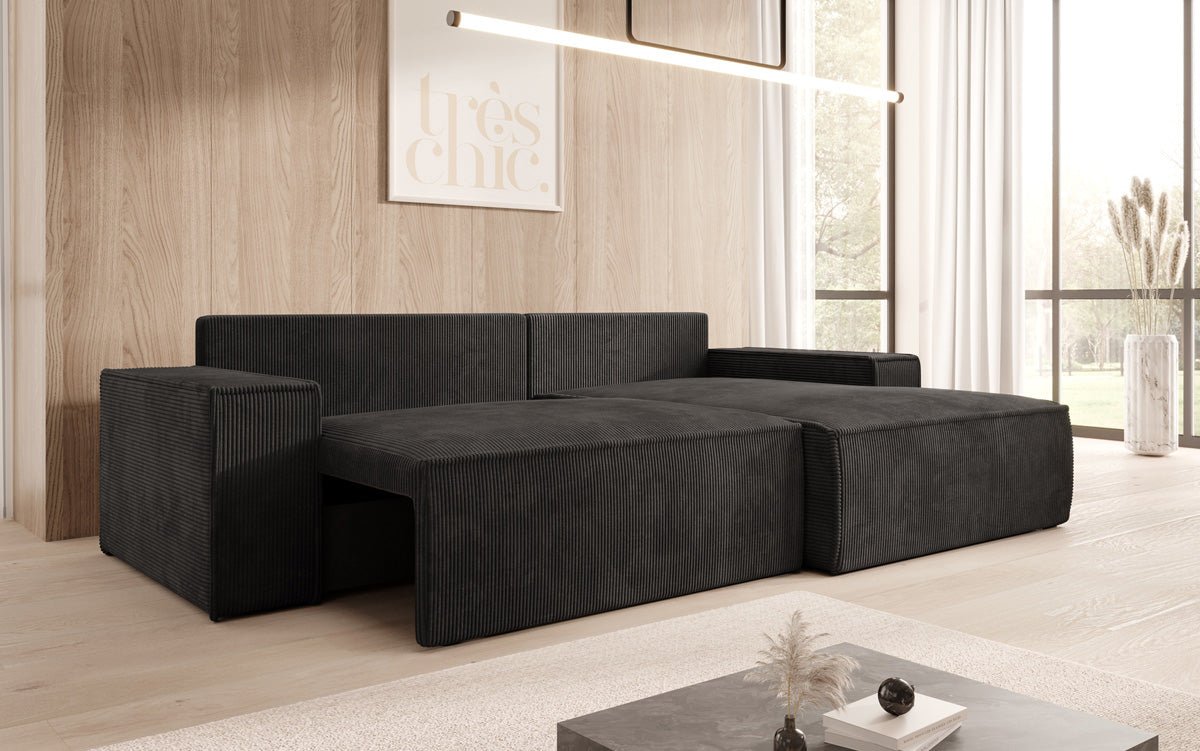 Canapé designer Corino en corduroy avec fonction couchage et rabattable
