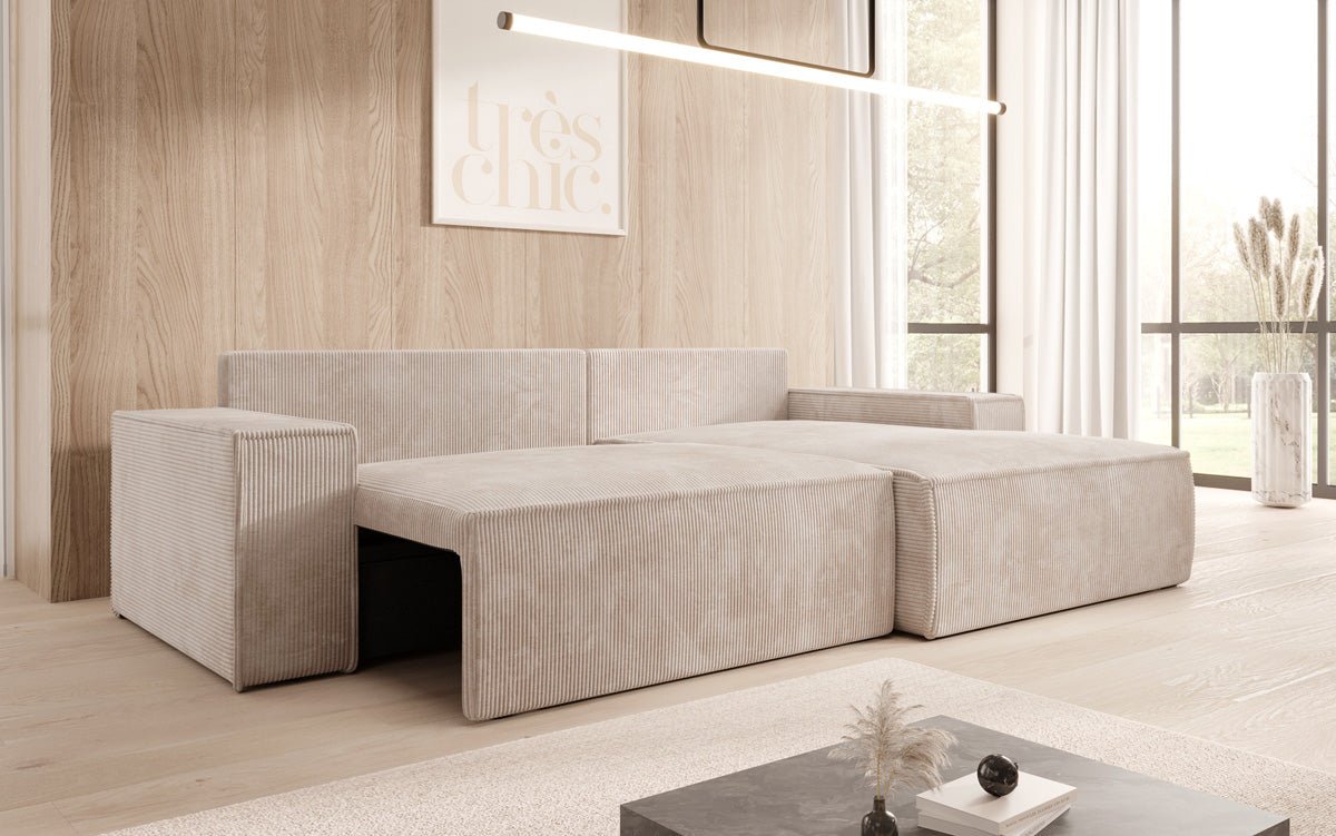 Canapé designer Corino en corduroy avec fonction couchage et rabattable