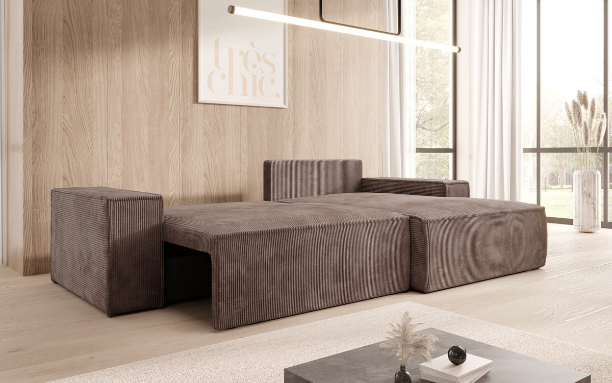 Canapé designer Corino en corduroy avec fonction couchage et rabattable