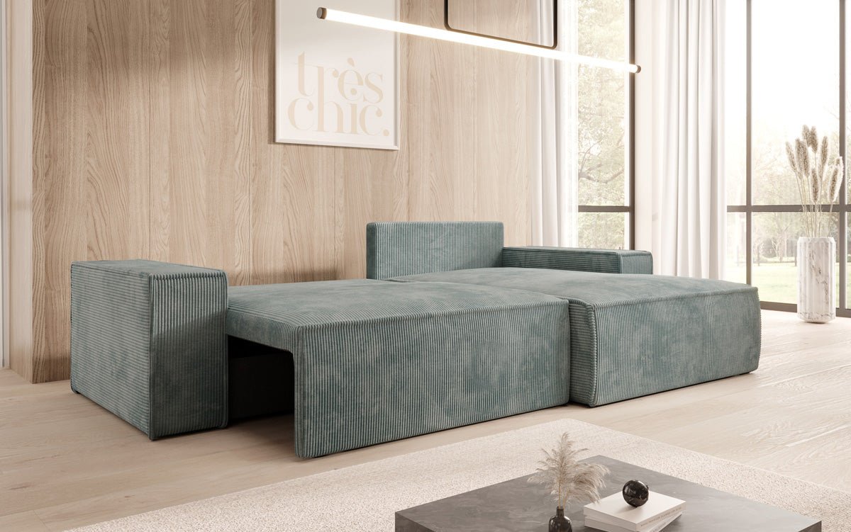Canapé designer Corino en corduroy avec fonction couchage et rabattable