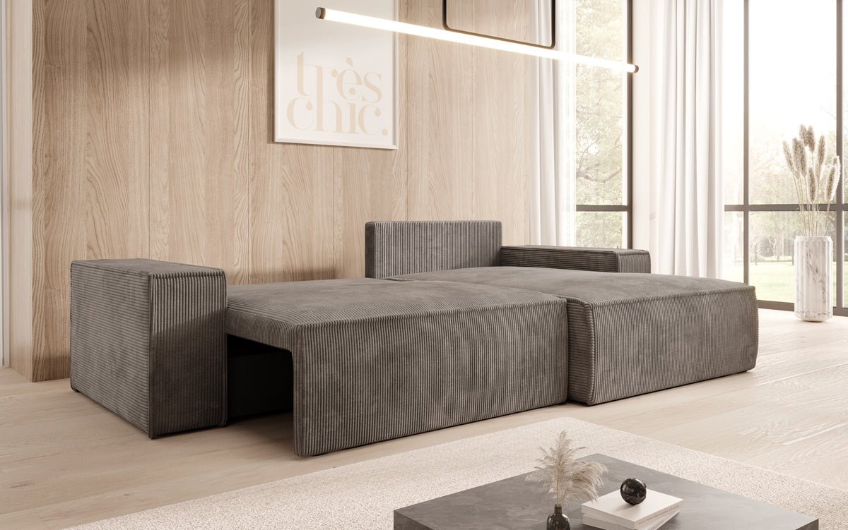 Canapé designer Corino en corduroy avec fonction couchage et rabattable