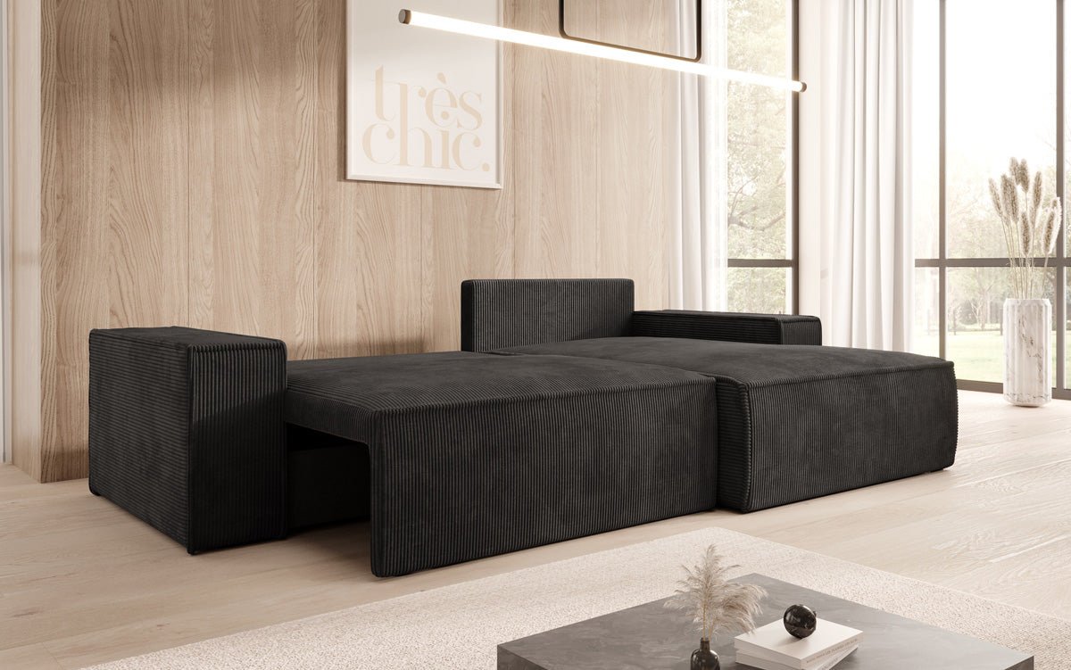 Canapé designer Corino en corduroy avec fonction couchage et rabattable