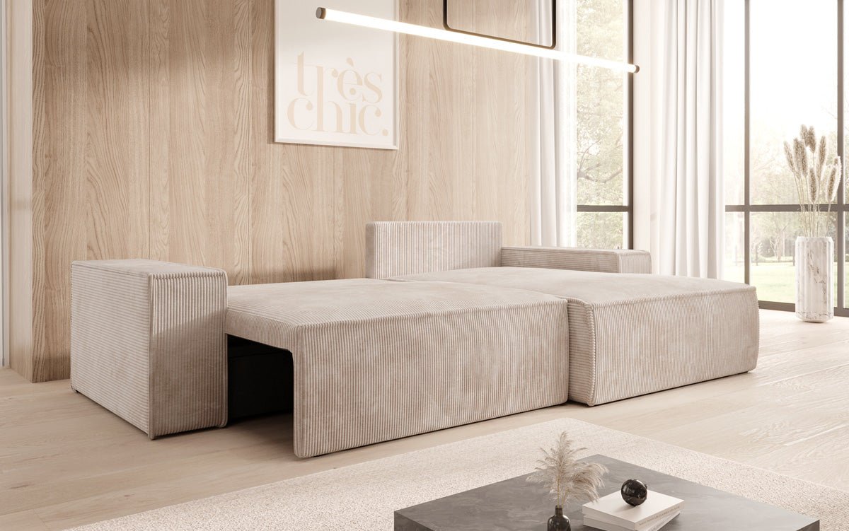 Canapé designer Corino en corduroy avec fonction couchage et rabattable
