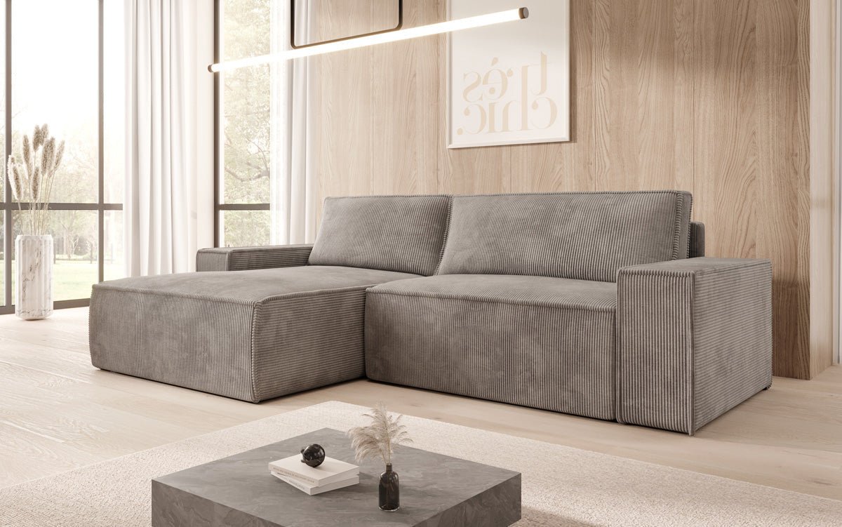 Canapé designer Corino en corduroy avec fonction couchage et rabattable