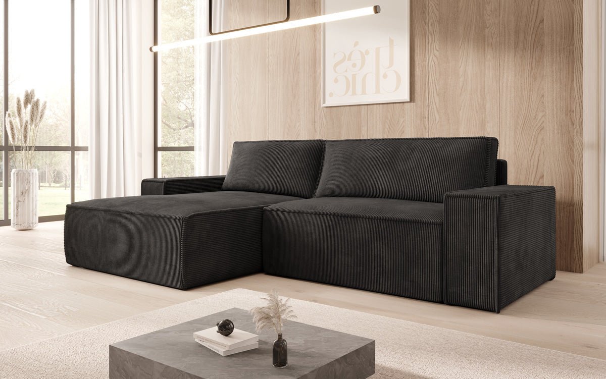 Canapé designer Corino en corduroy avec fonction couchage et rabattable