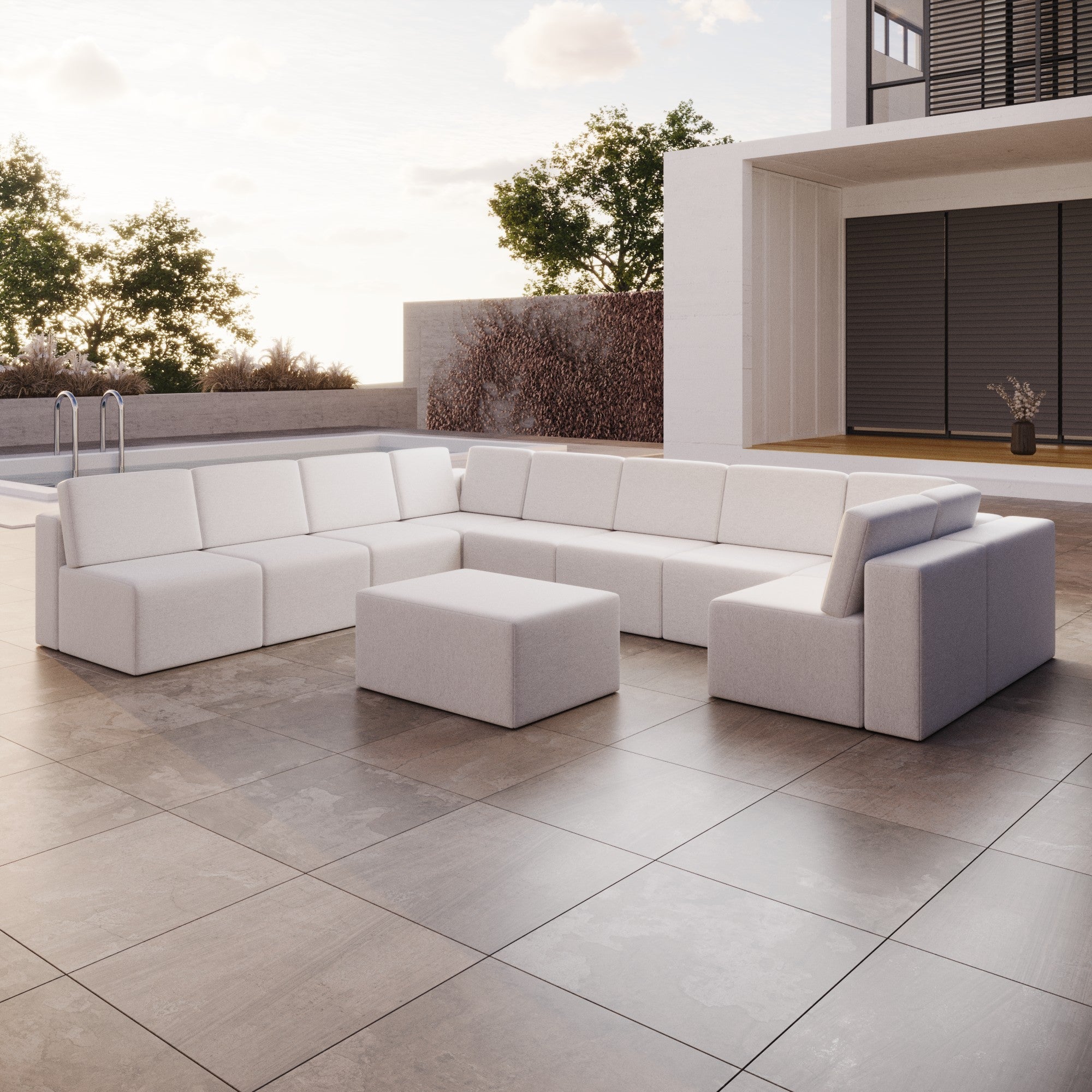 Canapé de jardin modulable Eden U ouvert avec tabouret d'appoint