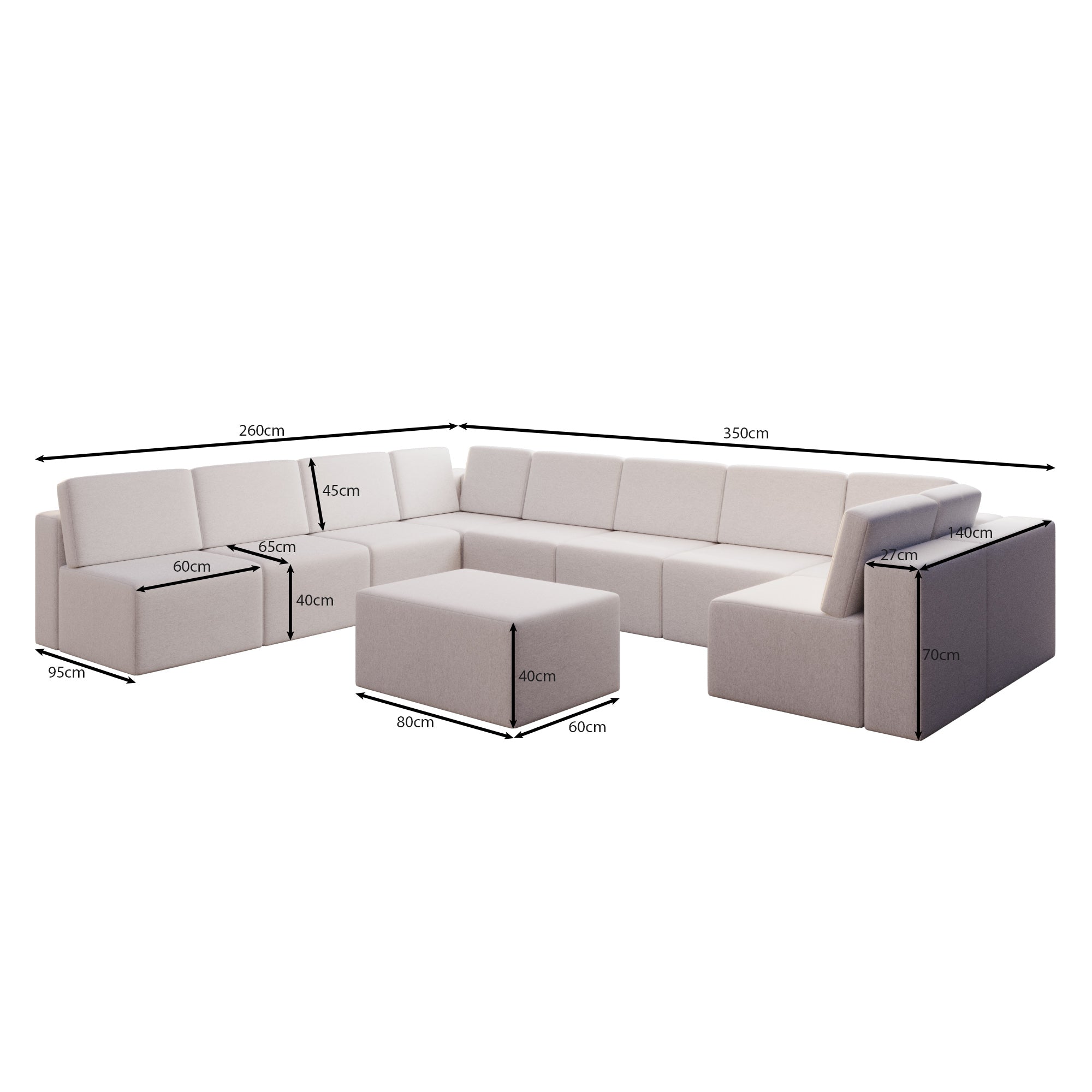 Canapé de jardin modulable Eden U ouvert avec tabouret d'appoint
