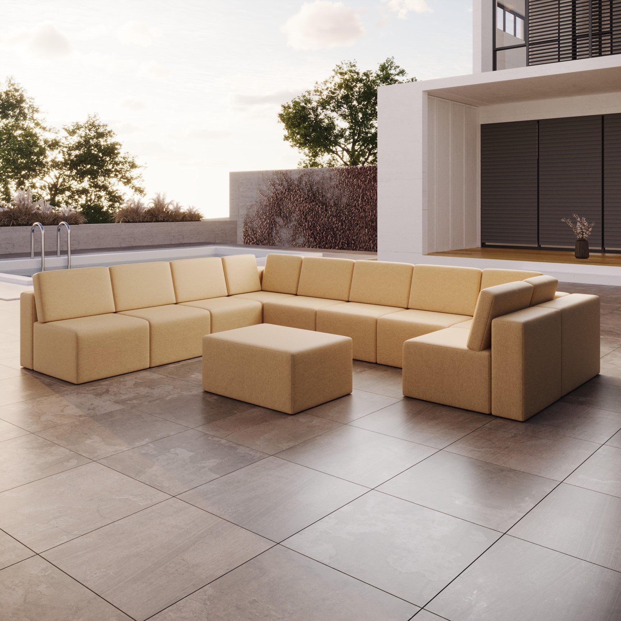 Canapé de jardin modulable Eden U ouvert avec tabouret d'appoint