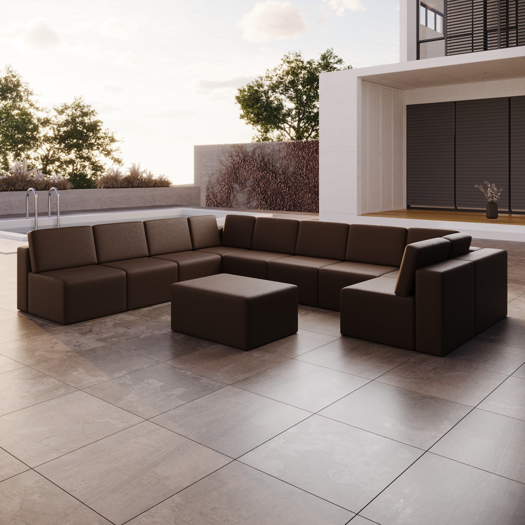 Canapé de jardin modulable Eden U ouvert avec tabouret d'appoint