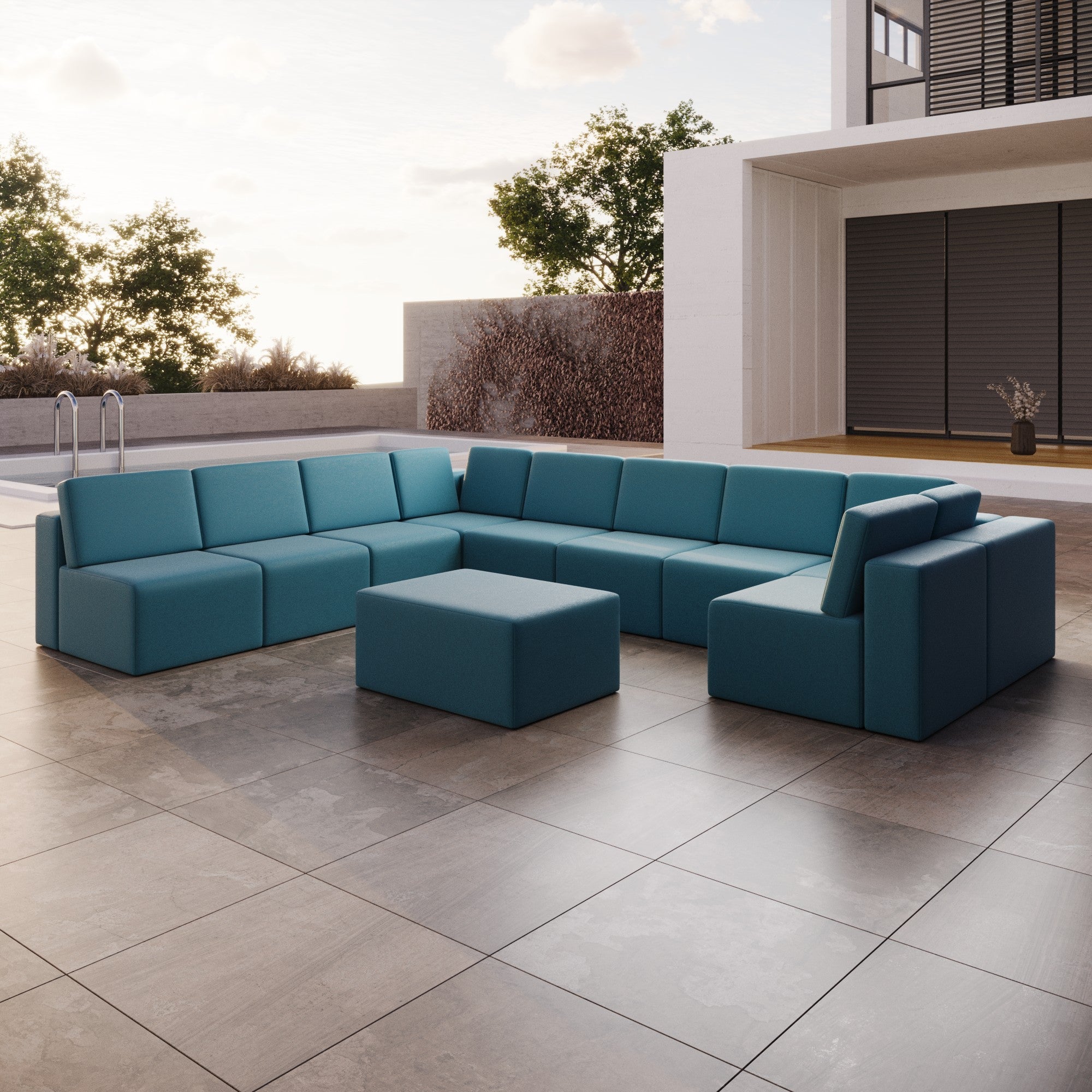 Canapé de jardin modulable Eden U ouvert avec tabouret d'appoint